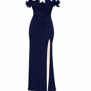 Xscape Navy Ruffled Off-Shoulder Gown